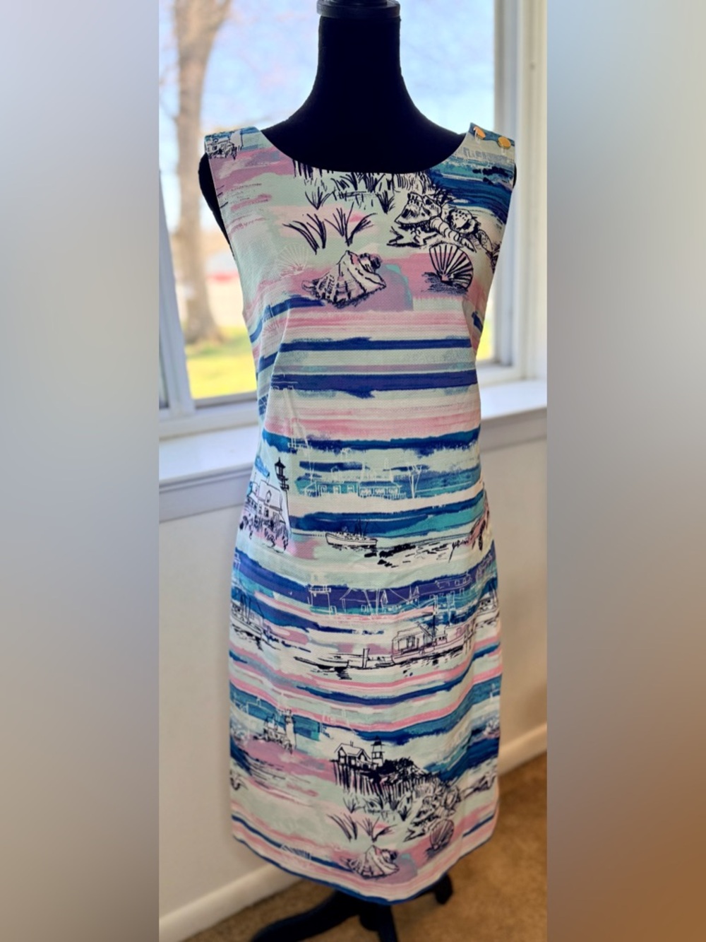 Talbots sleeveless summer white shift dress preppy beach seaside lighthouse 8